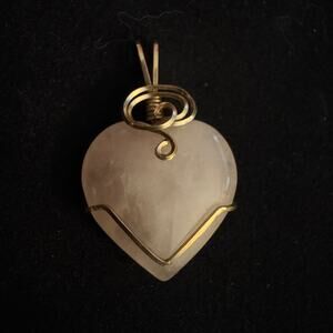 Vintage Pink Stone Heart Pendant Wrapped with Gold Wire